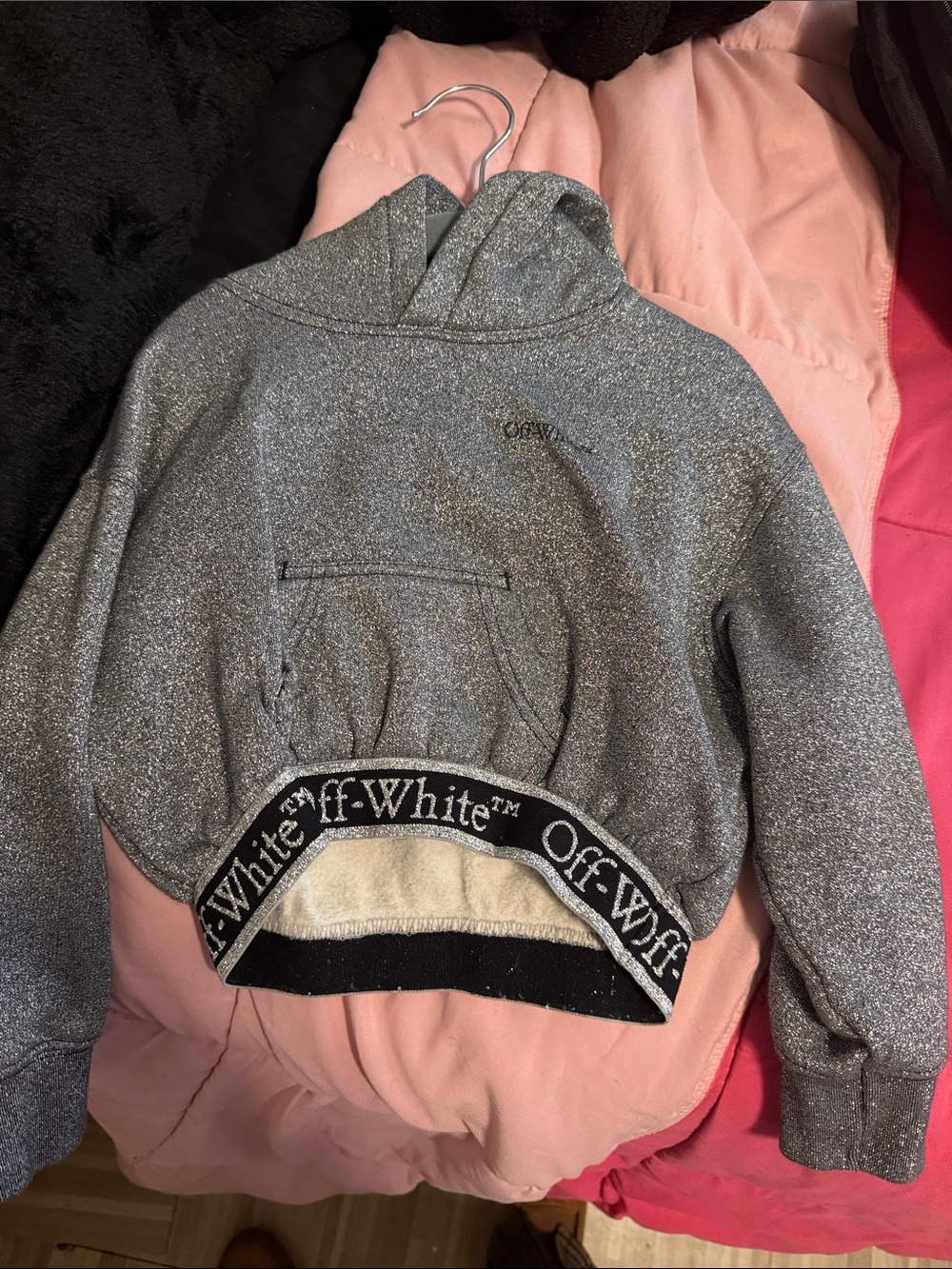 Off-White Metallic Silver Cropped Hoodie Sweatshirt